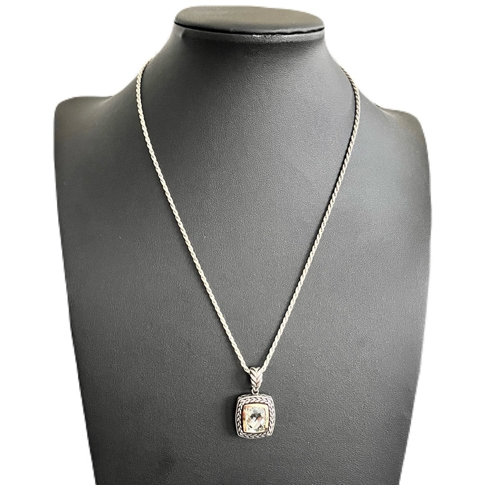 EAS Sterling Silver & 14kt Yellow Gold Cushion Cut Green Amethyst Necklace, 18”